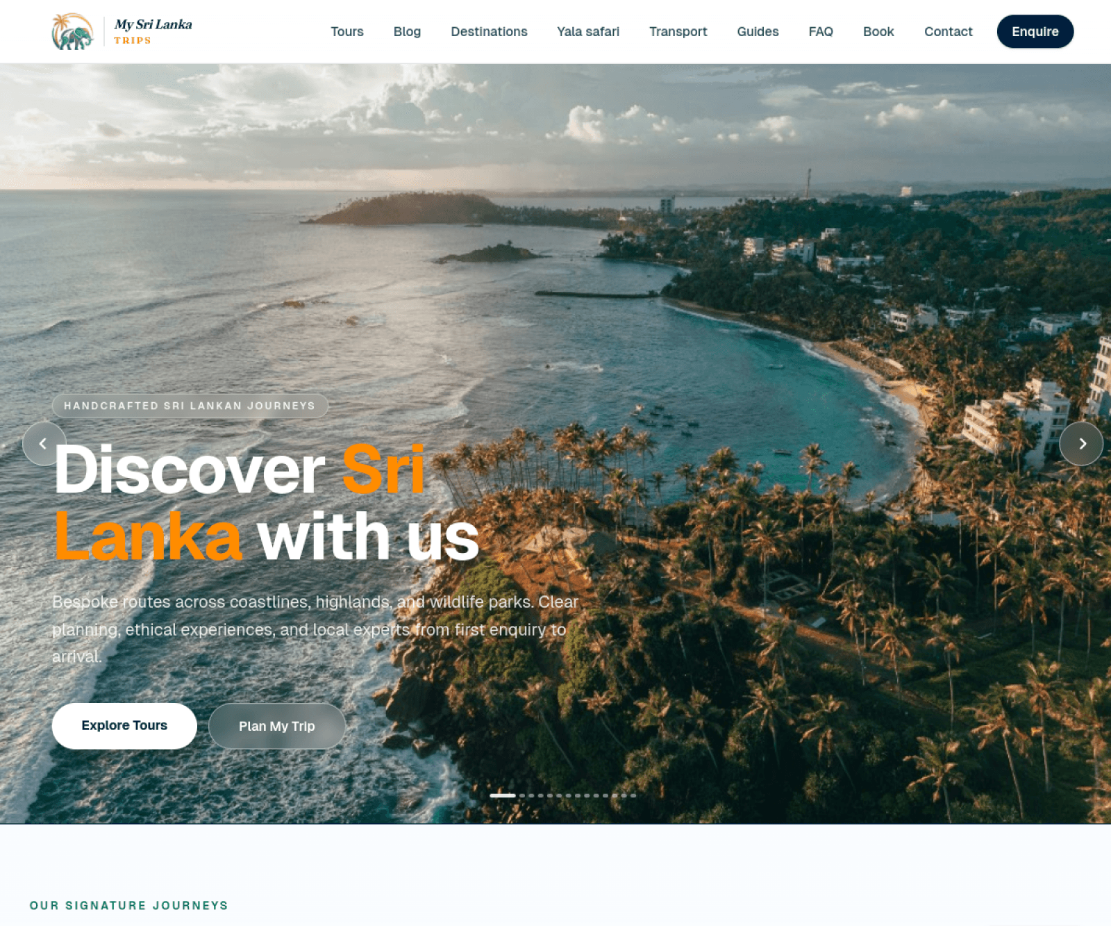 My Sri Lanka Trips homepage showing a tropical Sri Lankan coastline
