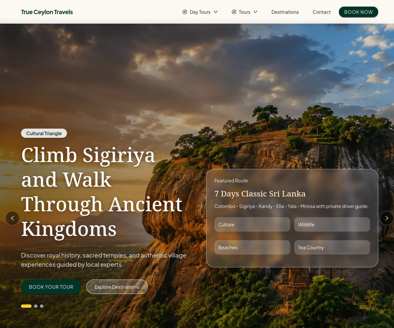 True Ceylon Travels homepage featuring Sigiriya Rock Fortress